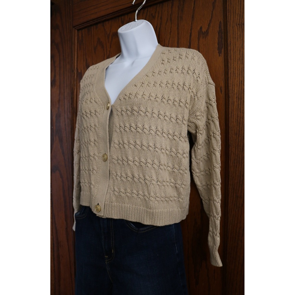 CYRUS Cable Knit Cardigan Sweater Women XS Beige Gold Button Preppy VNeck Top - Picture 2 of 12
